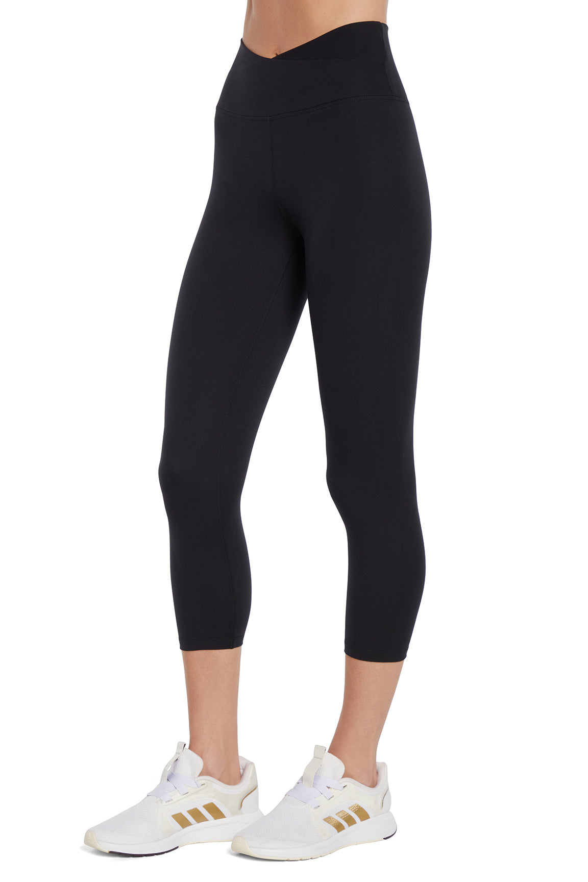 Balance Collection Crossover Mid Calf Capri, front view, showing visible design features and texture of the soft knit fabric..