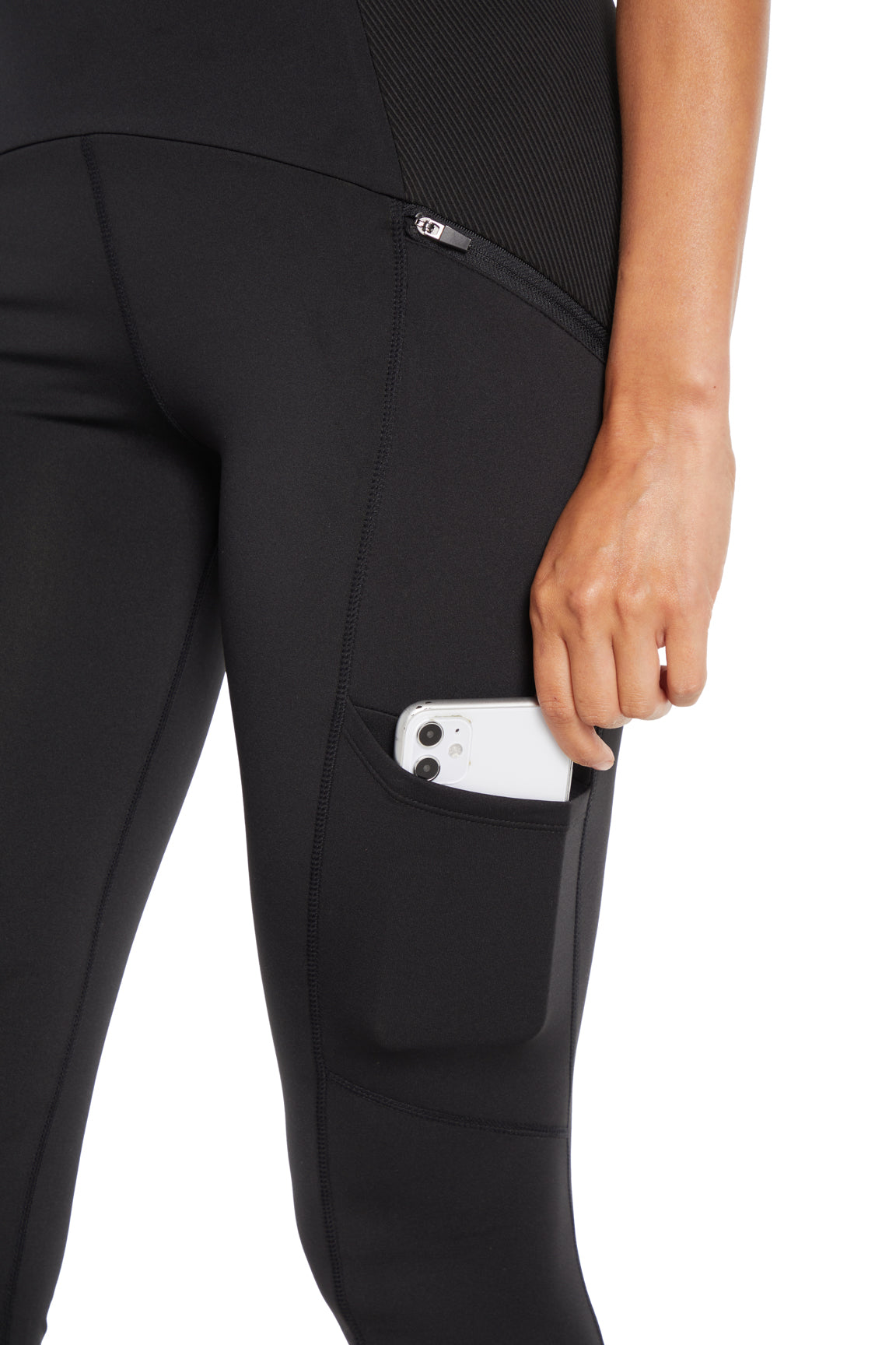 Jeanie Side Pocket Legging, alternate angle view, showing visible design features and texture of the stretch knit fabric..