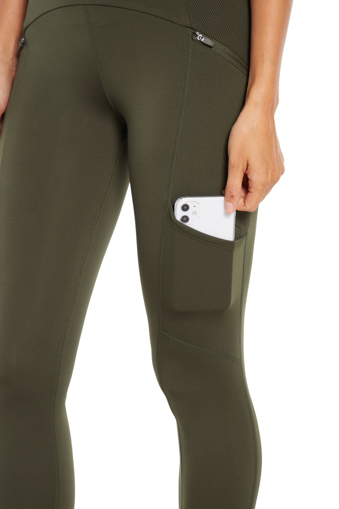 Jeanie Side Pocket Legging, alternate angle view, showing visible design features and texture of the stretch knit fabric..