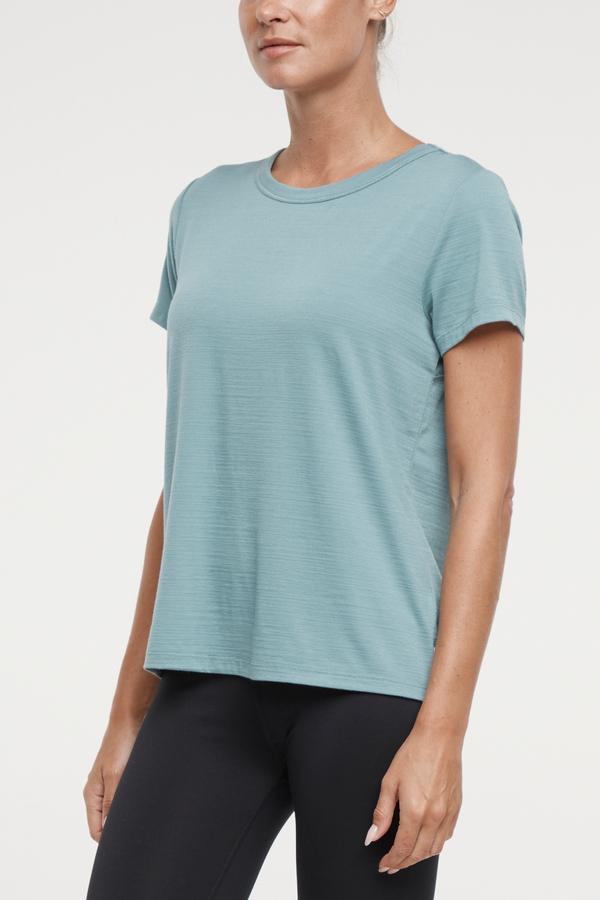 Harmony Short Sleeve Tee, alternate angle view, showing visible design features and texture of the soft knit fabric.