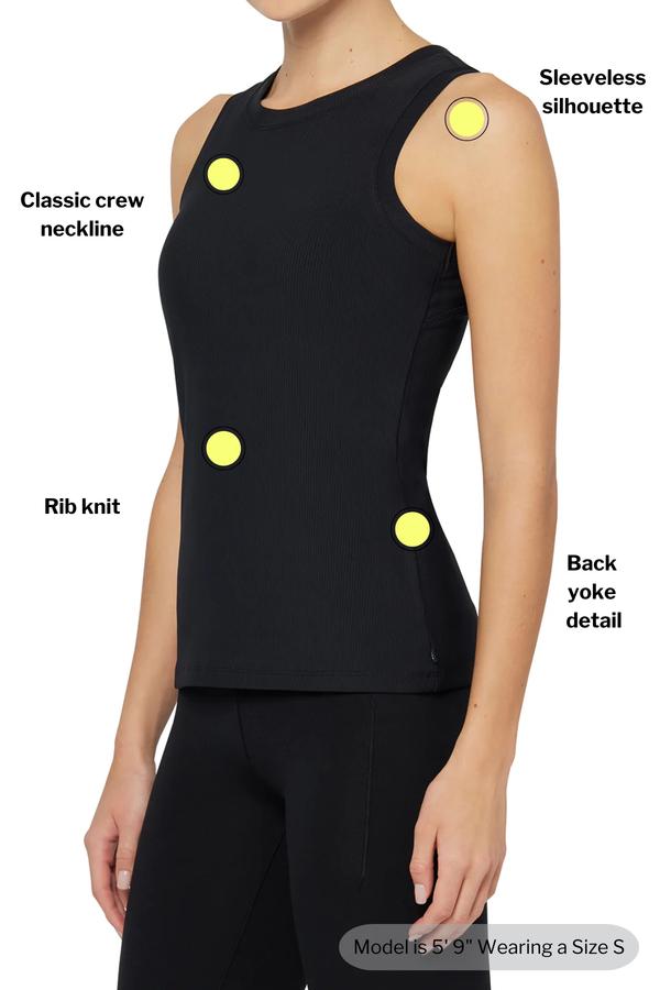 Janie Rib Tank, close-up view of fabric and stitching, showing visible design features and texture of the soft knit fabric..