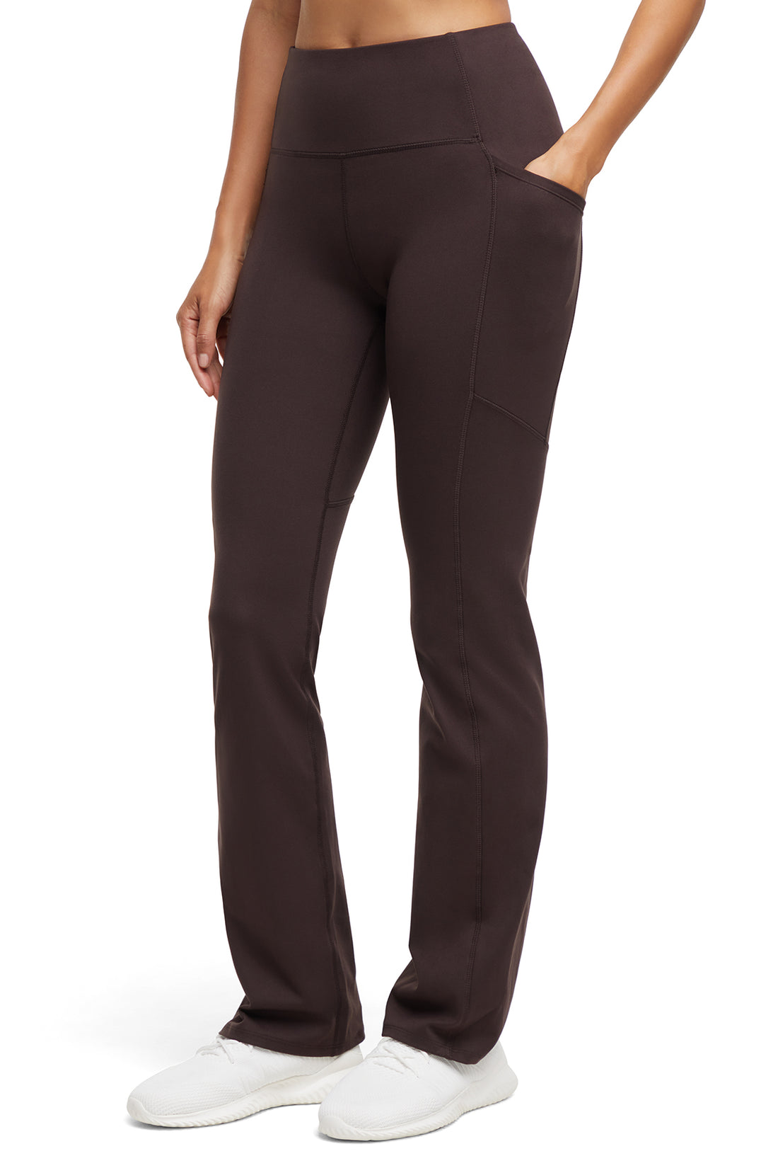 Della Pant - Black Coffee, front view, showing visible design features and texture of the durable stretch fabric..
