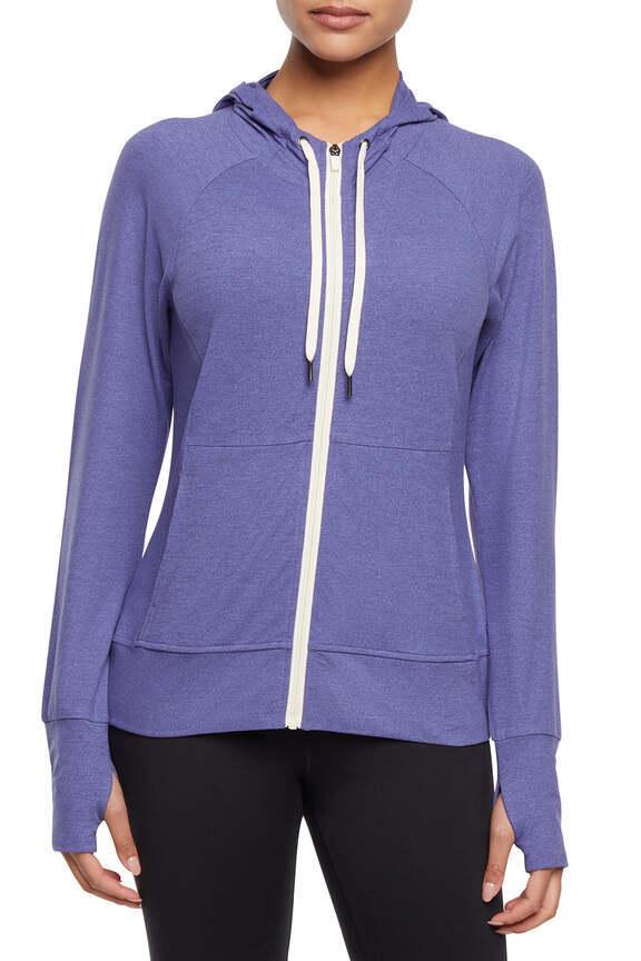 Danni Jacket - Heather Skipper Blue, alternate angle view, showing visible design features and texture of the smooth woven fabric..