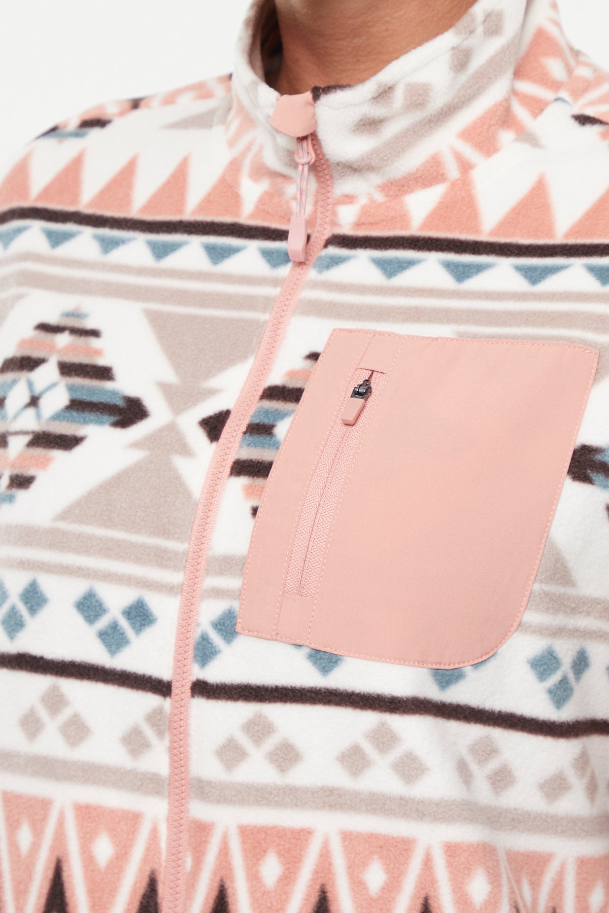 Treeline Fleece Jacket - Cameo Brown Geo Tapestry, back view, showing visible design features and texture of the smooth woven fabric..