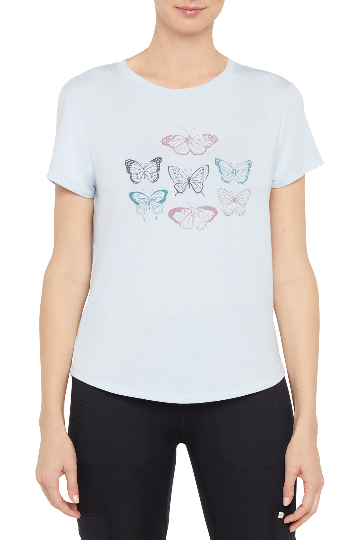 Monica Tee - Heather Skyway Mariposa, front view, showing visible design features and texture of the soft knit fabric..