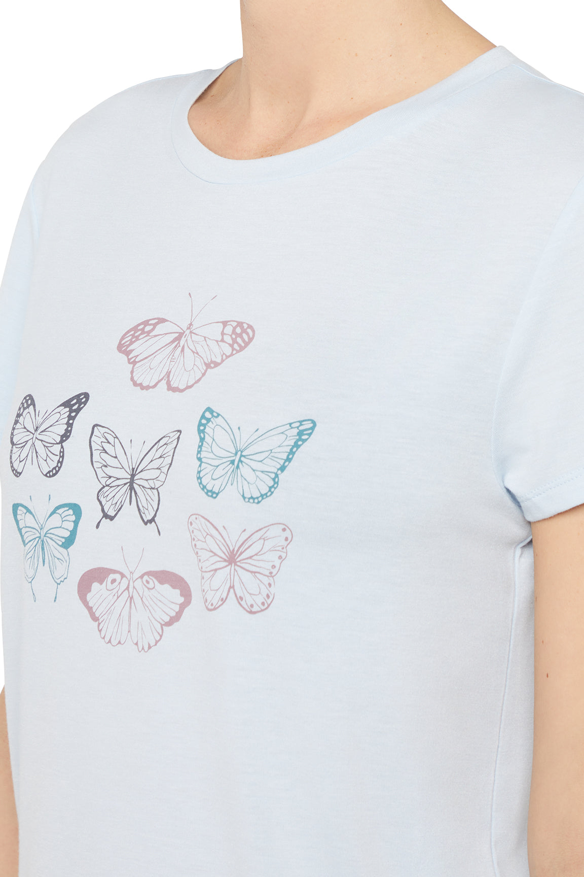 Monica Tee - Heather Skyway Mariposa, close-up view of fabric and stitching, showing visible design features and texture of the soft knit fabric..