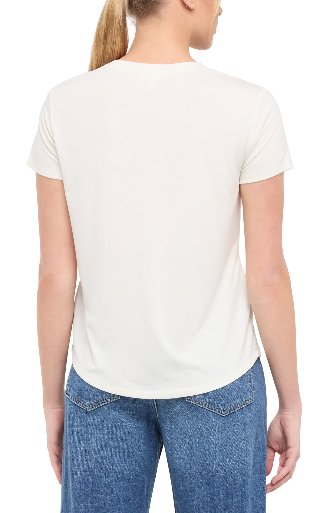 Back view of woman wearing a white t-shirt on a white background.