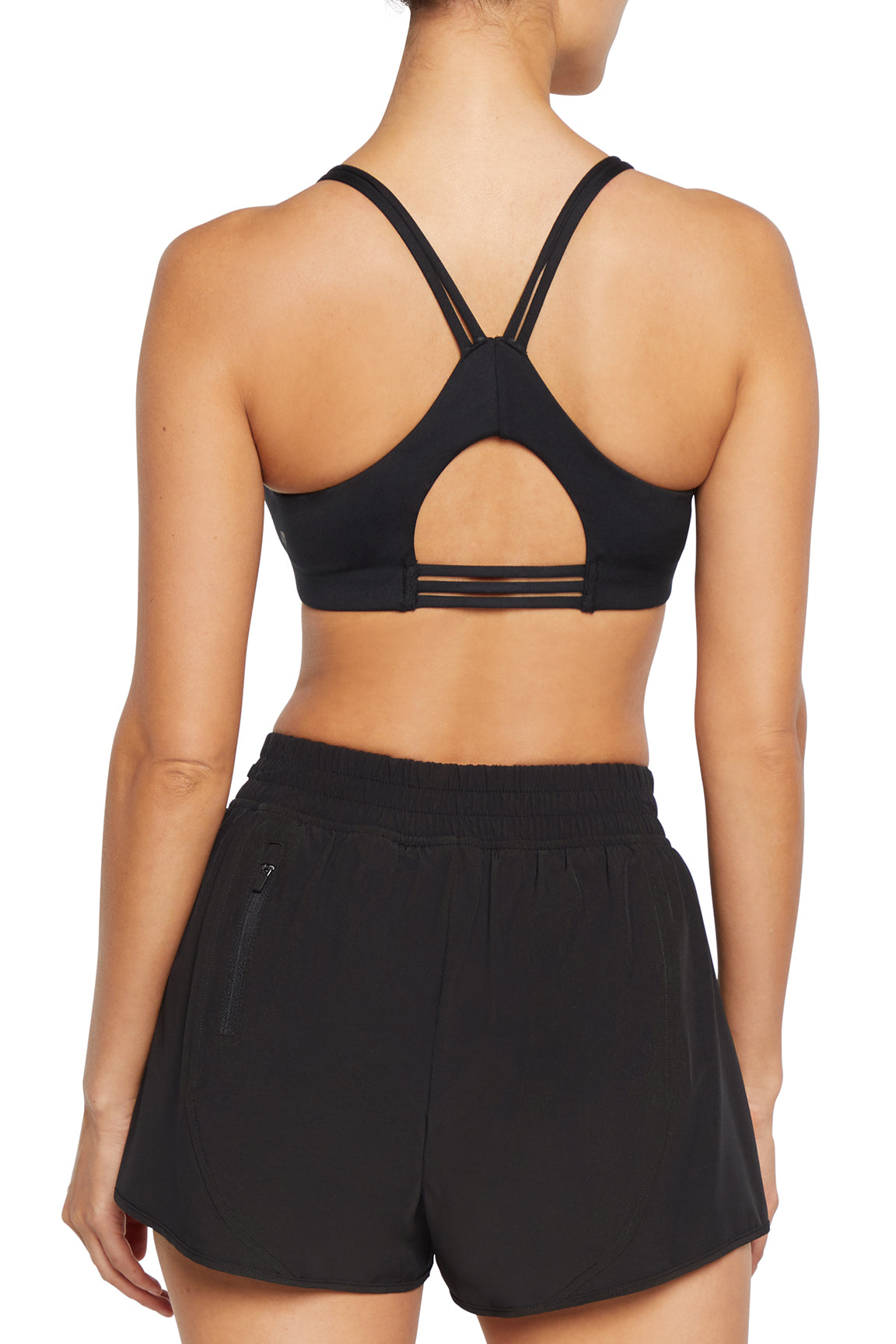 Camilla Sports Bra - Black, alternate angle view, showing visible design features and texture of the soft knit fabric..