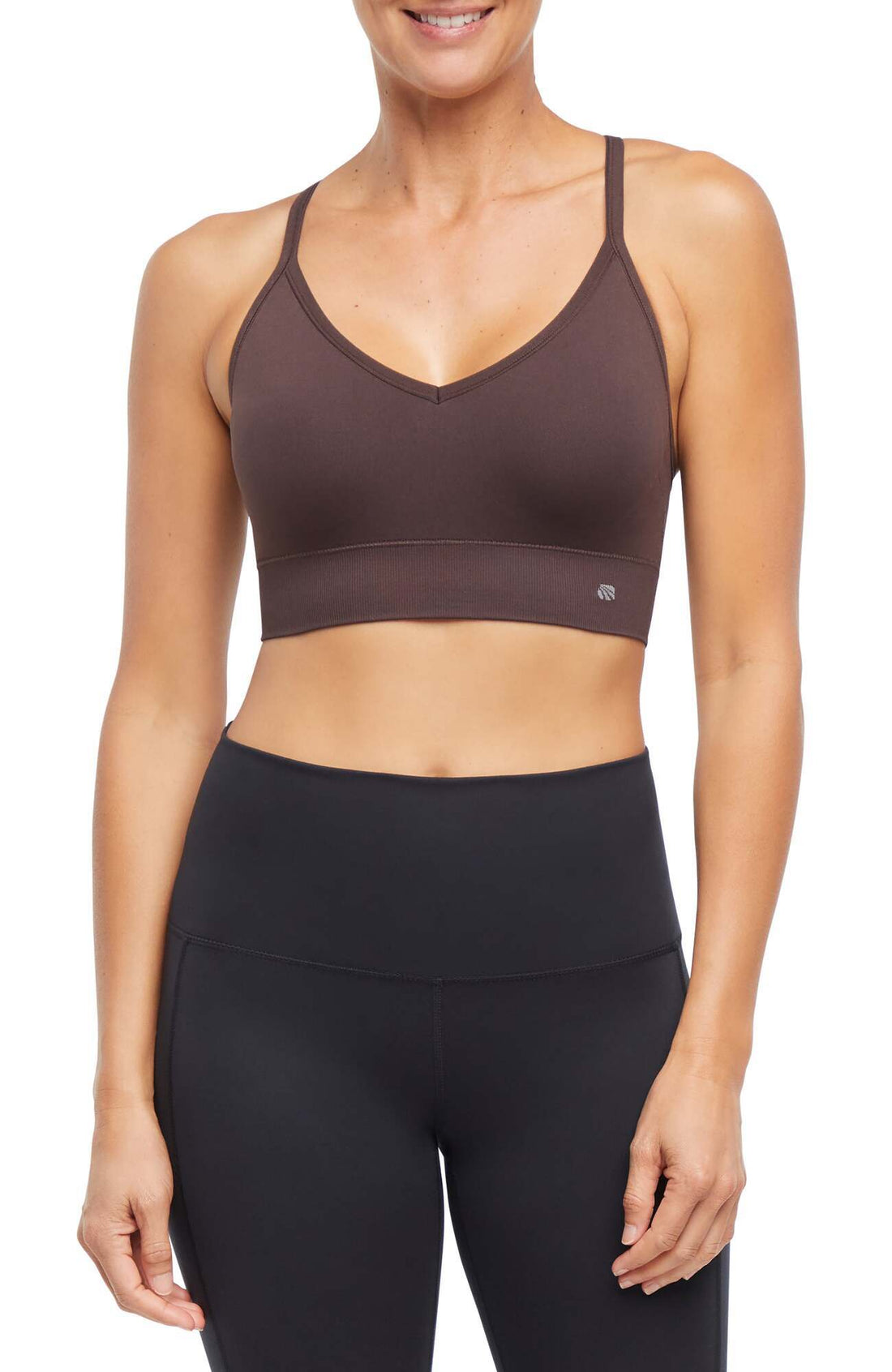 2 Pack London Seamless Sports Bra - Tuffet Black Coffee, side view showing pocket placement, showing visible design features and texture of the soft..
