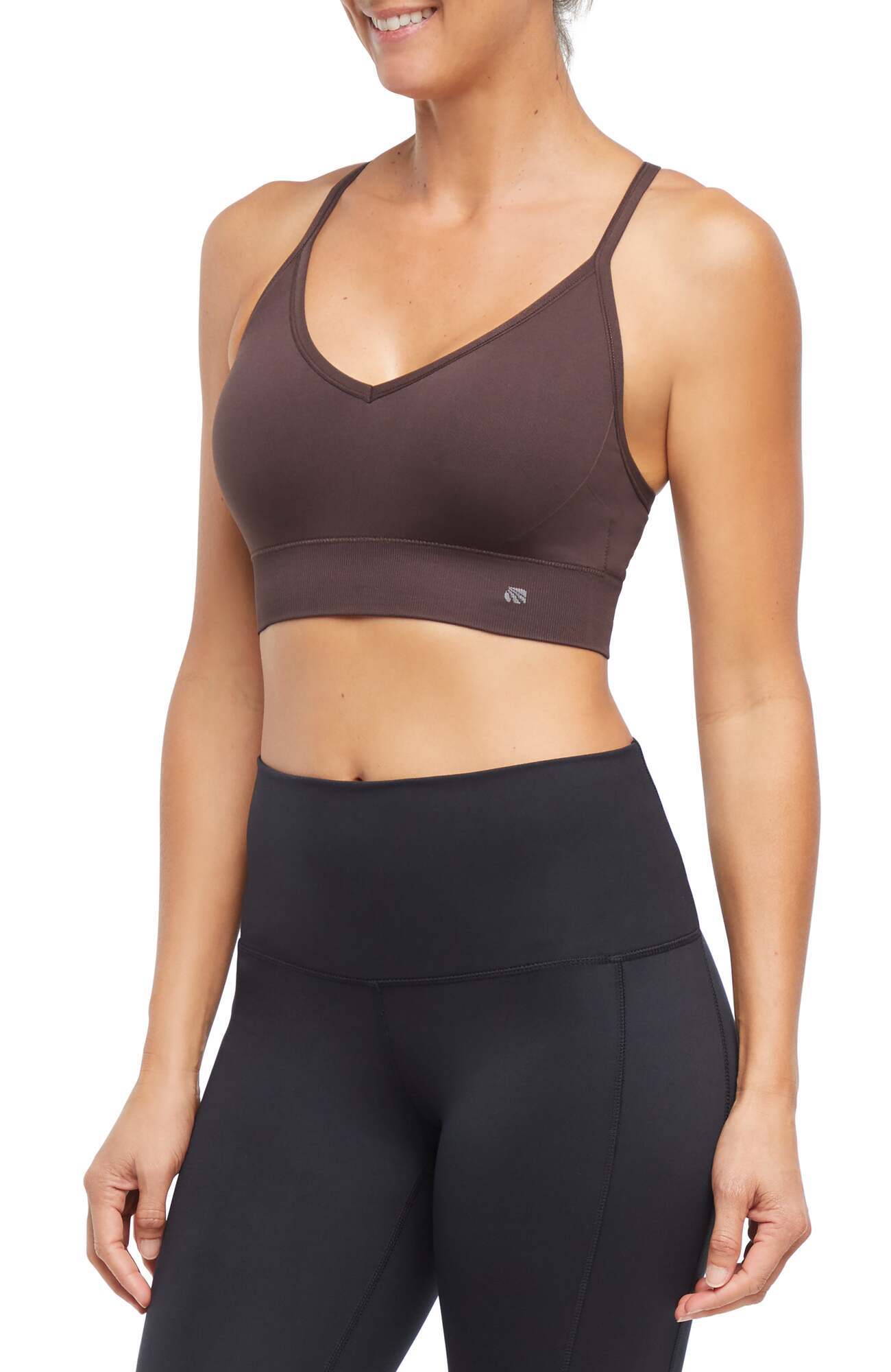 2 Pack London Seamless Sports Bra - Tuffet Black Coffee, alternate angle view, showing visible design features and texture of the soft knit fabric..