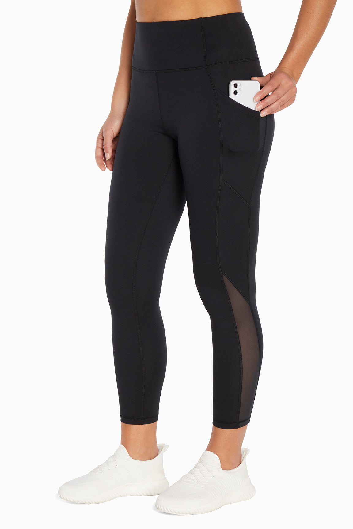 Kira Side Pocket Ankle Legging - Black, front view, showing visible design features and texture of the stretch knit fabric..