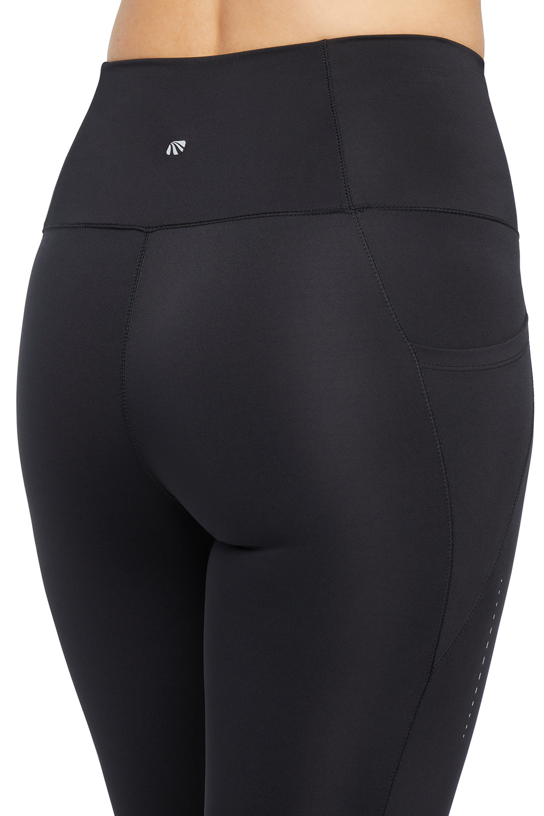 Jenny Side Pocket Mid Calf Capri - Black, side view showing pocket placement, showing visible design features and texture of the soft knit fabric..
