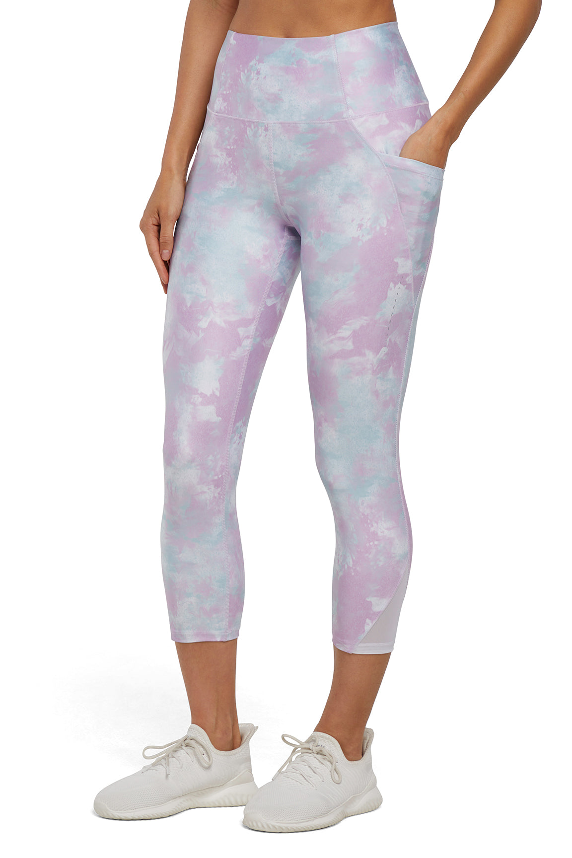 Jenny Side Pocket Mid Calf Capri - White Hazy Glow, front view, showing visible design features and texture of the soft knit fabric..