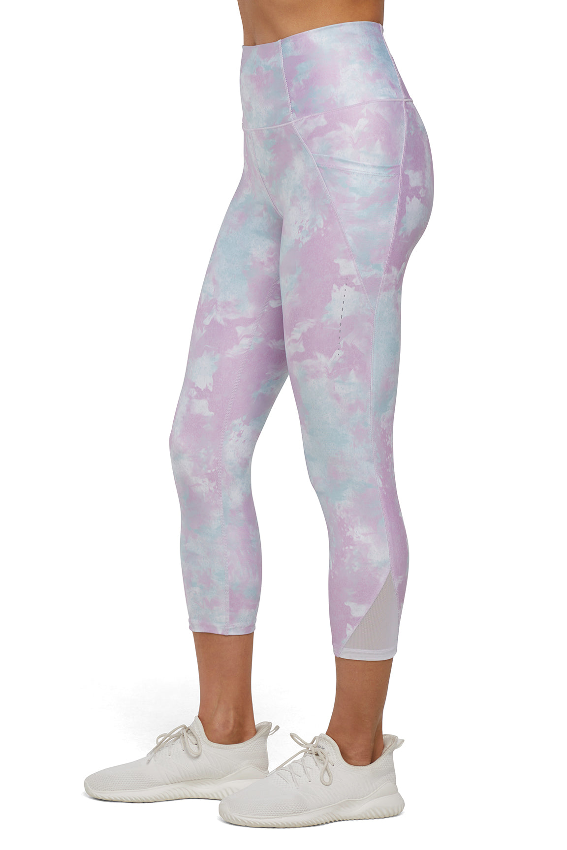 Jenny Side Pocket Mid Calf Capri - White Hazy Glow, alternate angle view, showing visible design features and texture of the soft knit fabric..