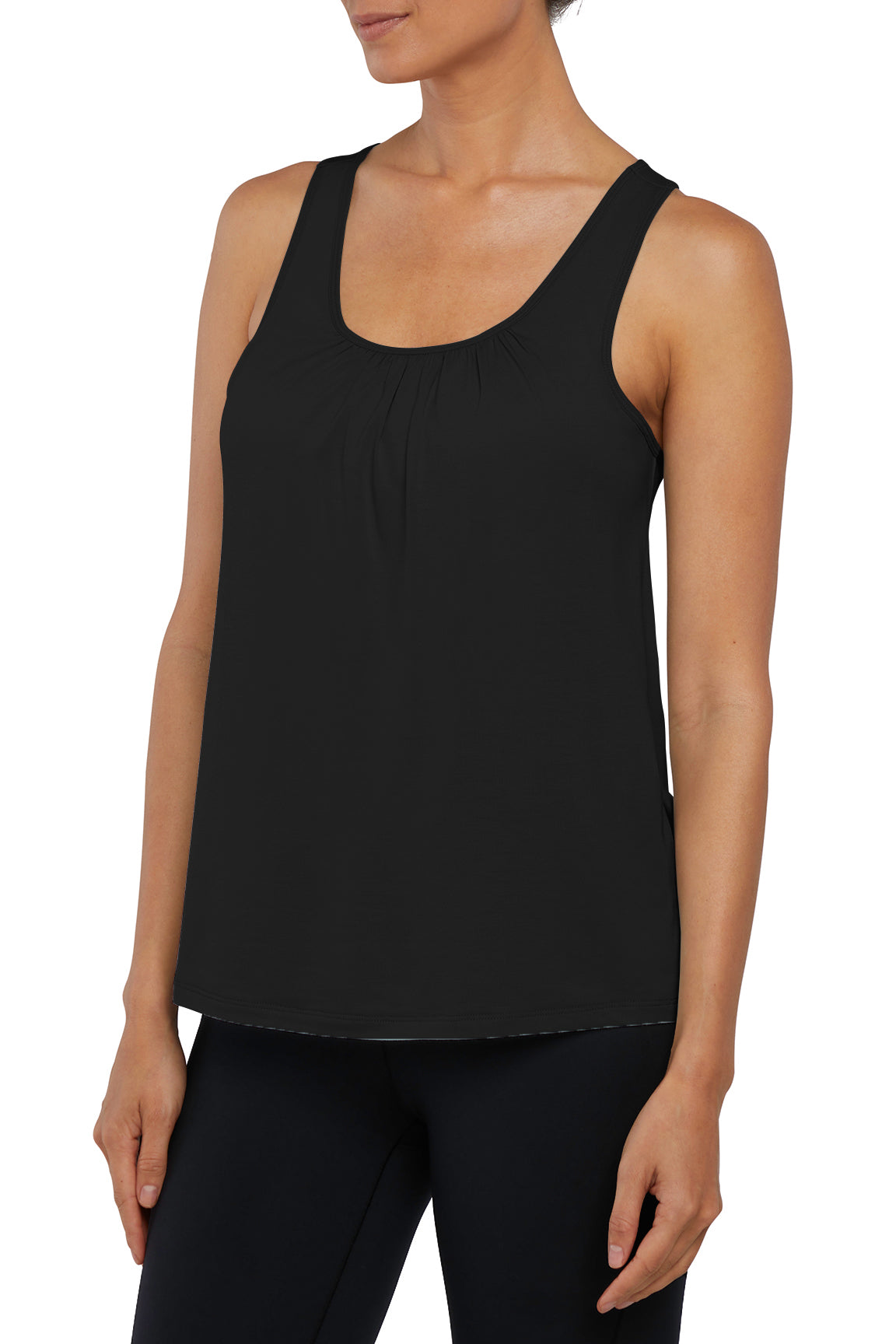 Anaya 2-Layer Tank, alternate angle view, showing visible design features and texture of the soft knit fabric..
