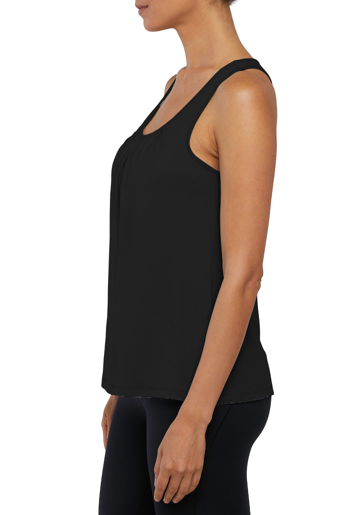 Anaya 2-Layer Tank, close-up view of fabric and stitching, showing visible design features and texture of the soft knit fabric..