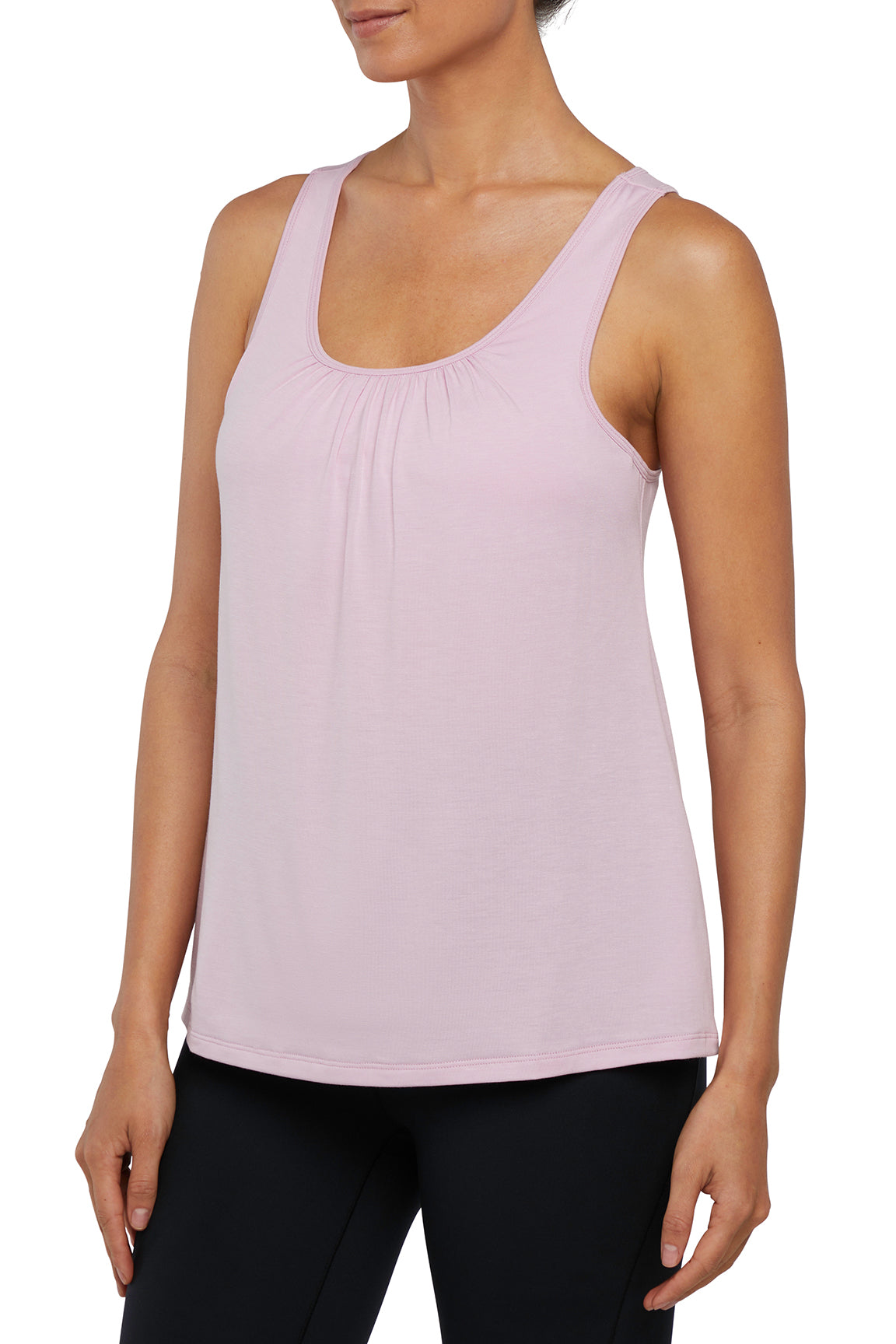 Anaya 2-Layer Tank, alternate angle view, showing visible design features and texture of the soft knit fabric..