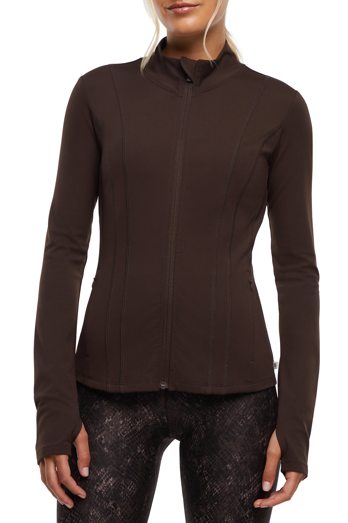 Kate Jacket, front view, showing visible design features and texture of the smooth woven fabric..