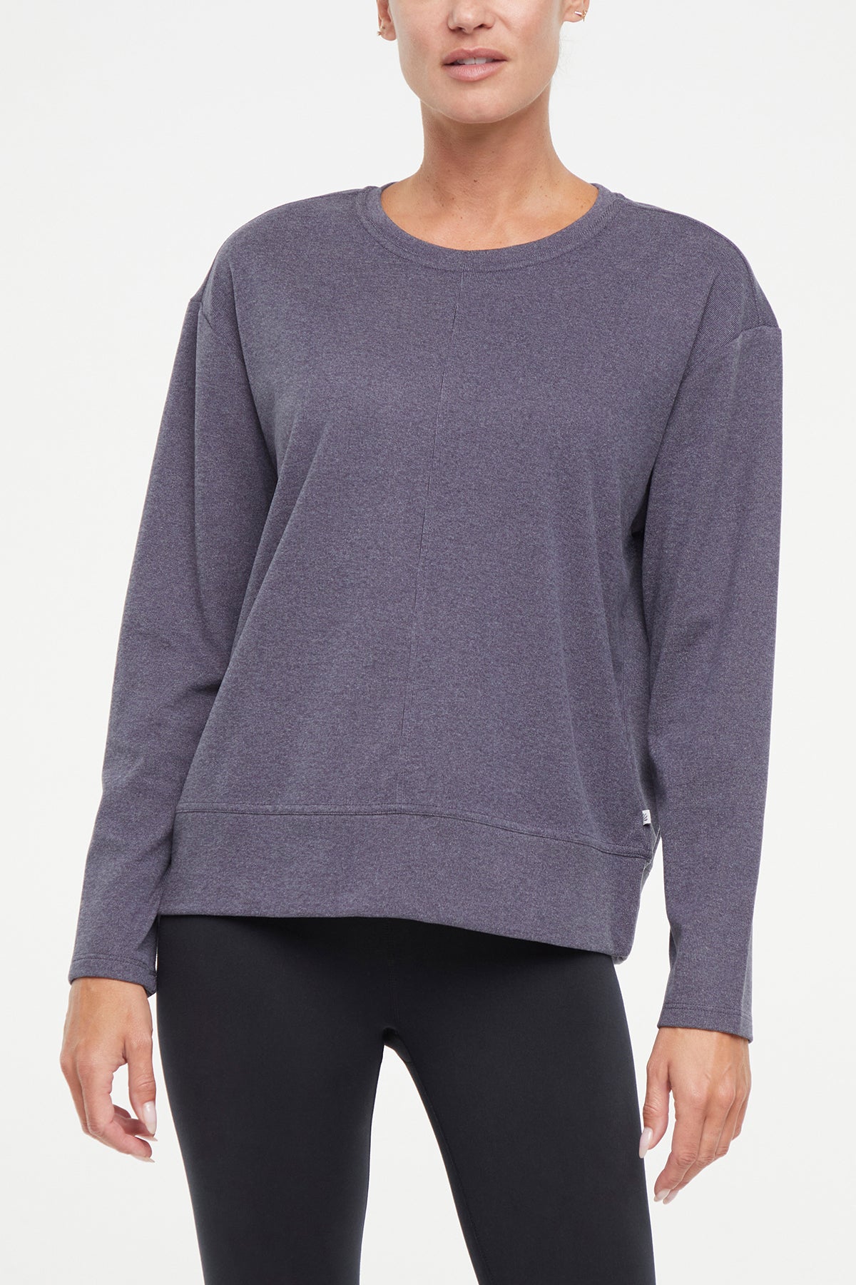 Riley Pullover, front view, showing visible design features and texture of the soft knit fabric..