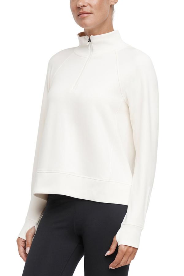 Mia 1/4 Zip Pullover, close-up view of fabric and stitching, showing visible design features and texture of the soft knit fabric..