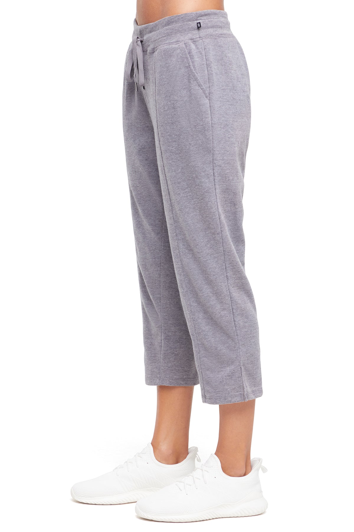 Lyla Mid Calf Capri, alternate angle view, showing visible design features and texture of the soft knit fabric..