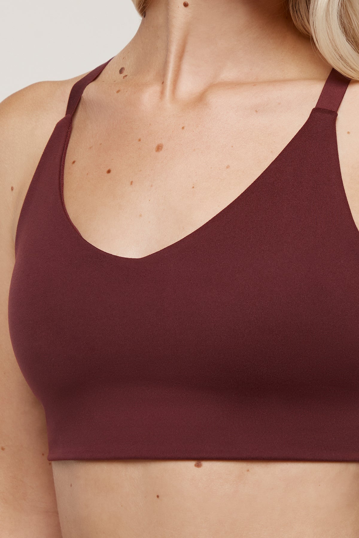 Clarissa Sports Bra, alternate angle view, showing visible design features and texture of the soft knit fabric..