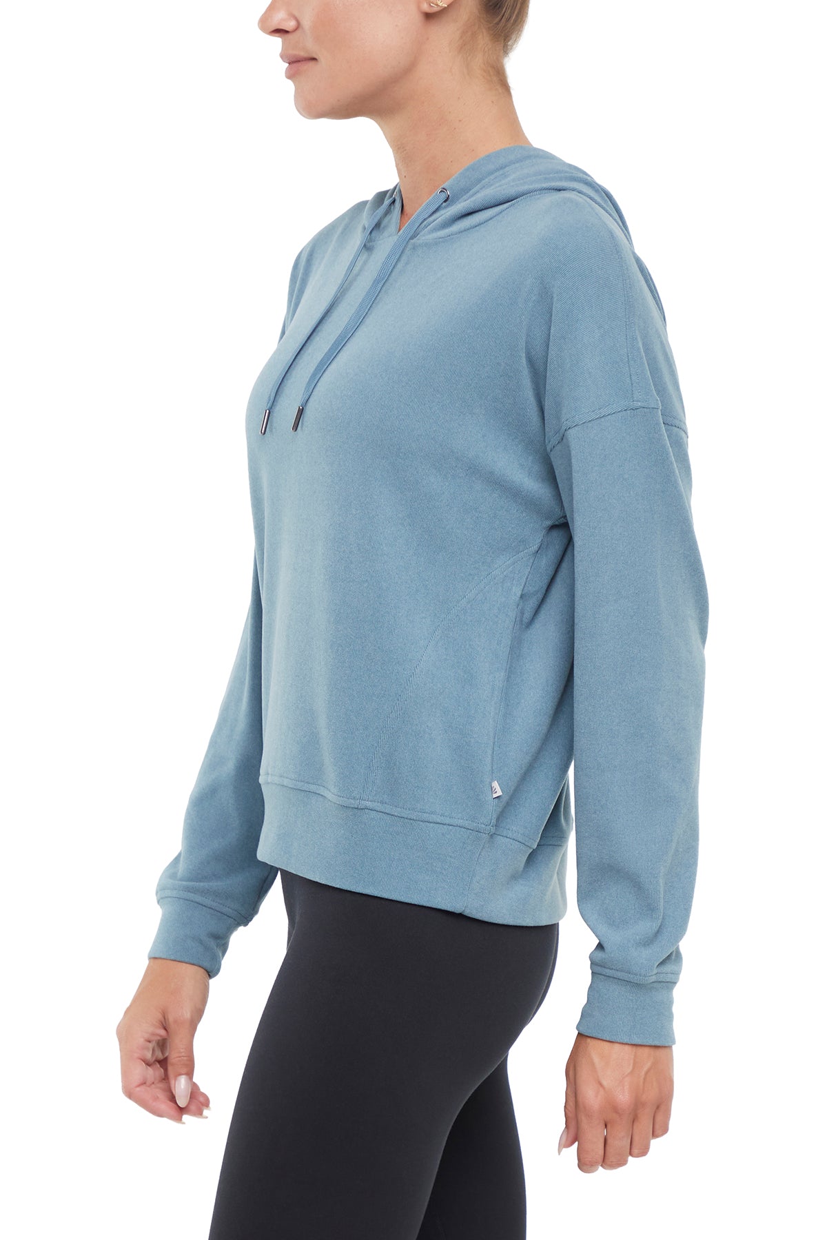 Riley Hoodie, alternate angle view, showing visible design features and texture of the soft fleece fabric..