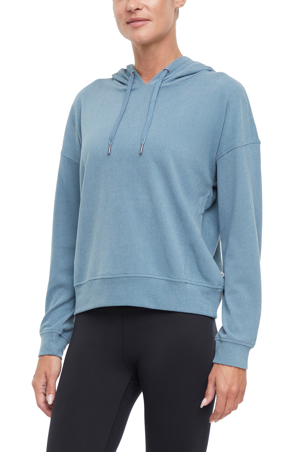 Riley Hoodie, front view, showing visible design features and texture of the soft fleece fabric..