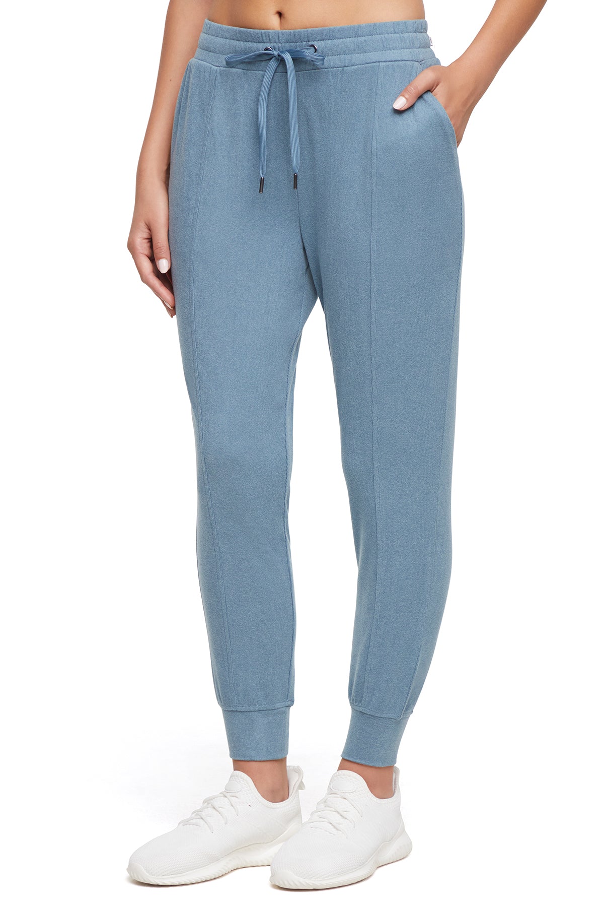 Riley Jogger, front view, showing visible design features and texture of the soft knit fabric..