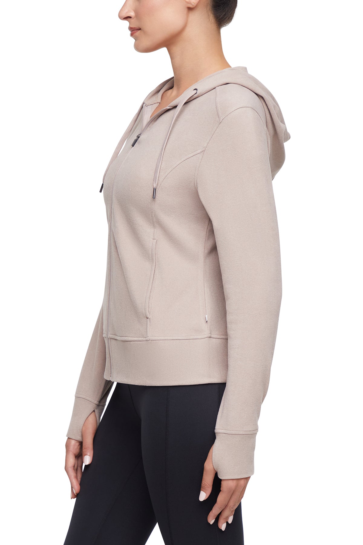 Riley Full Zip Hoodie, alternate angle view, showing visible design features and texture of the soft fleece fabric..