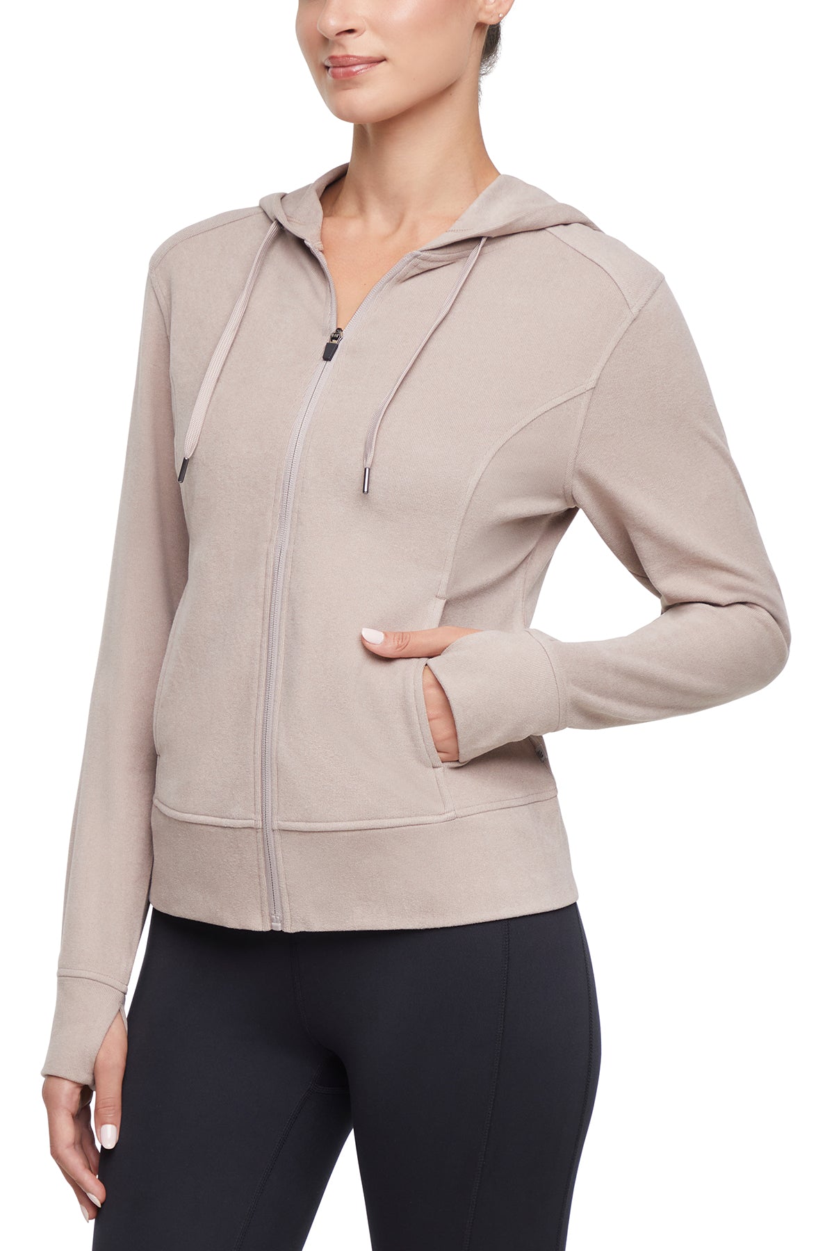 Riley Full Zip Hoodie, front view, showing visible design features and texture of the soft fleece fabric..