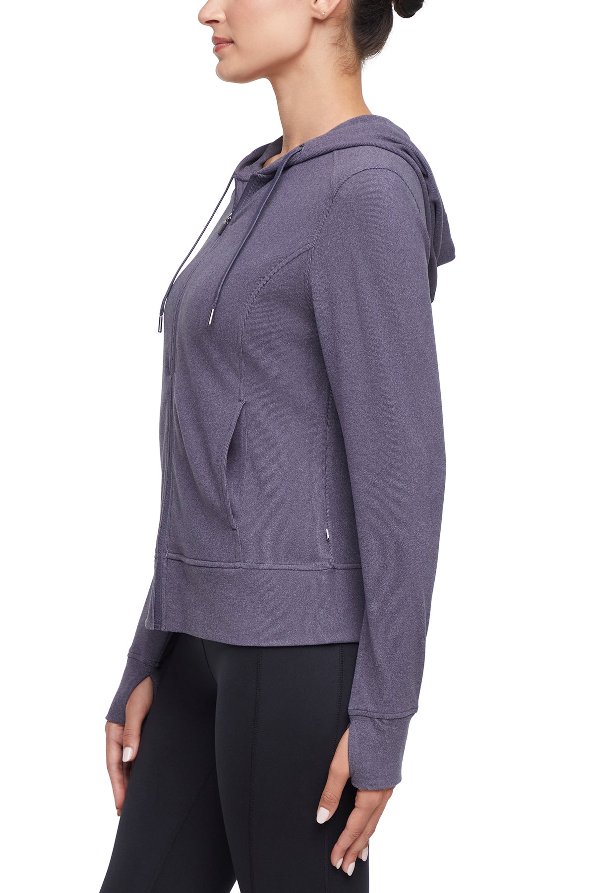 Riley Full Zip Hoodie, alternate angle view, showing visible design features and texture of the soft fleece fabric..