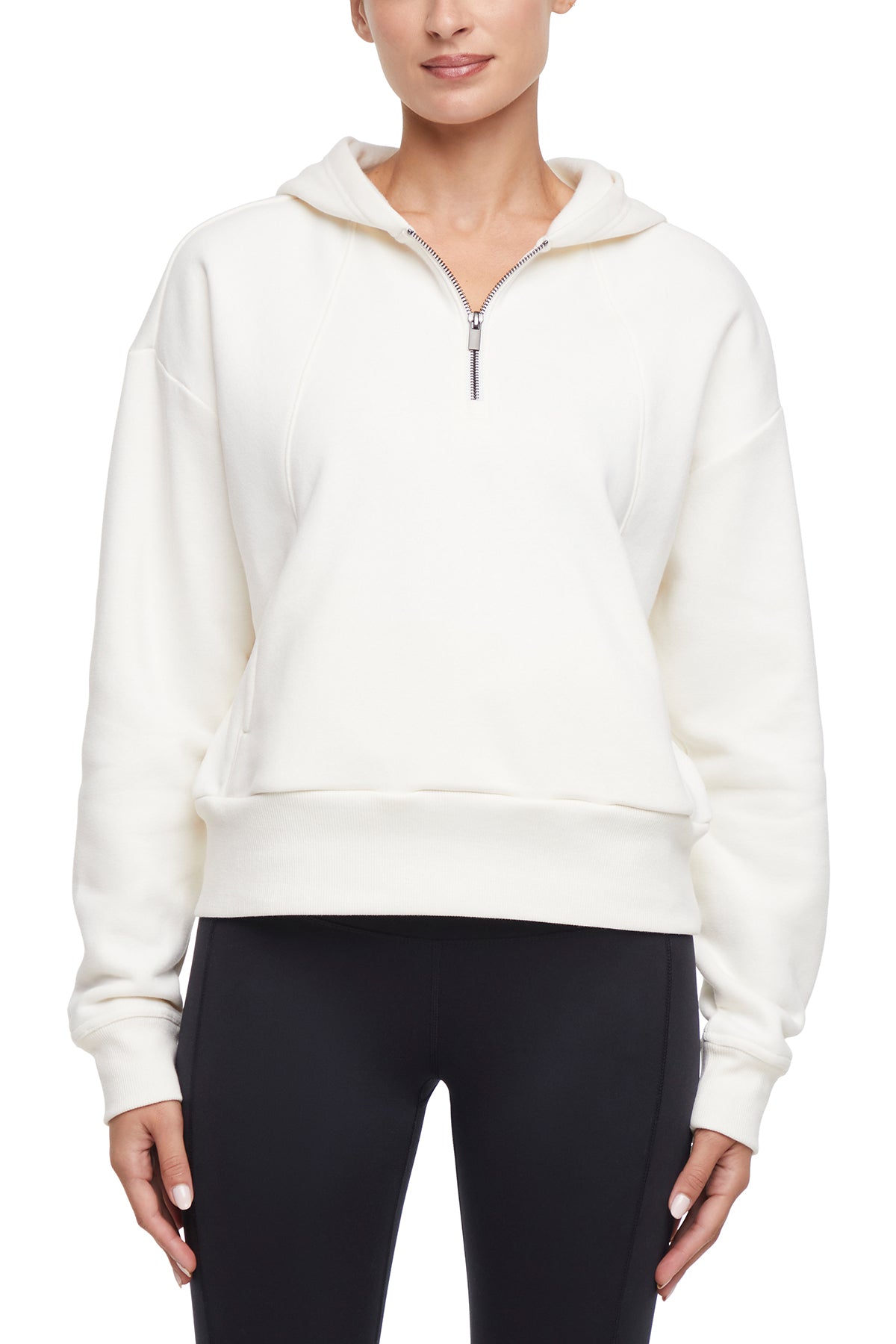 Calliope 1/4 Zip Hoodie, close-up view of fabric and stitching, showing visible design features and texture of the soft fleece fabric..