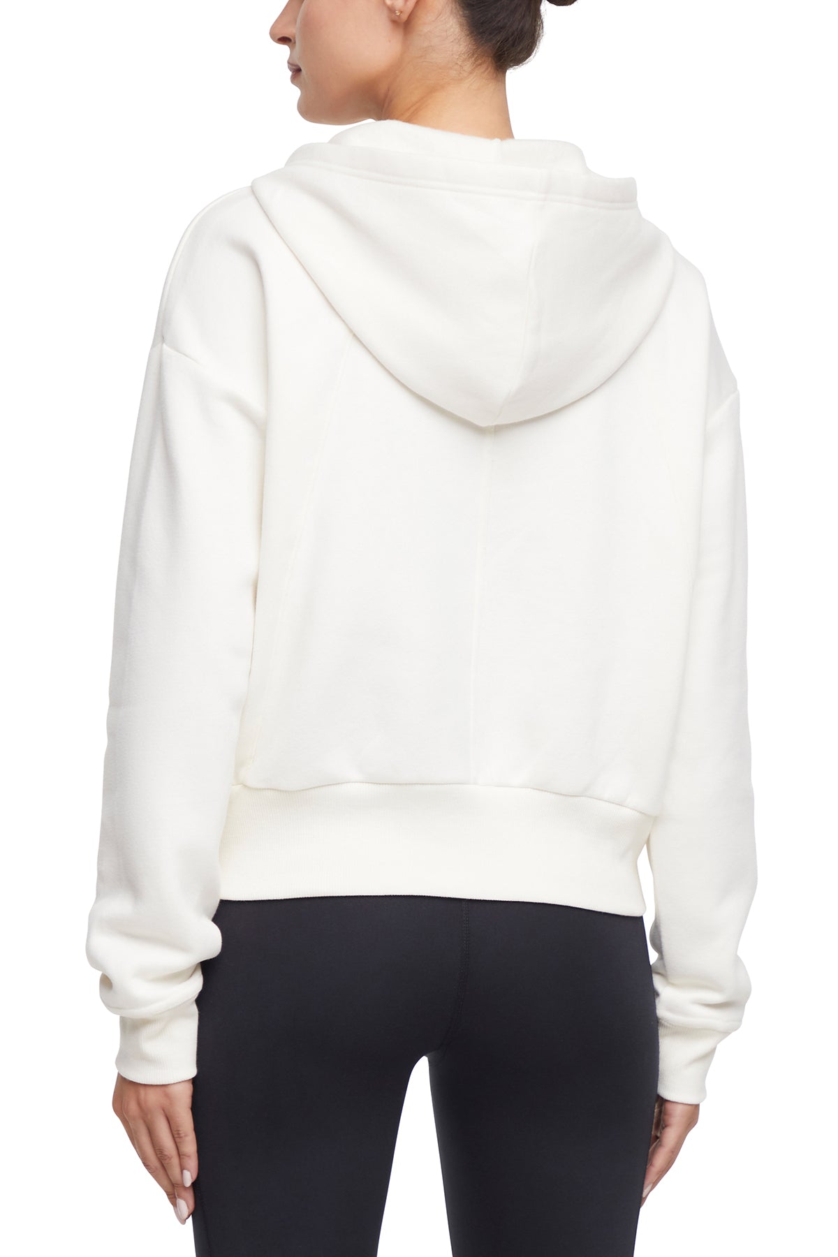 Calliope 1/4 Zip Hoodie, side view showing pocket placement, showing visible design features and texture of the soft fleece fabric..