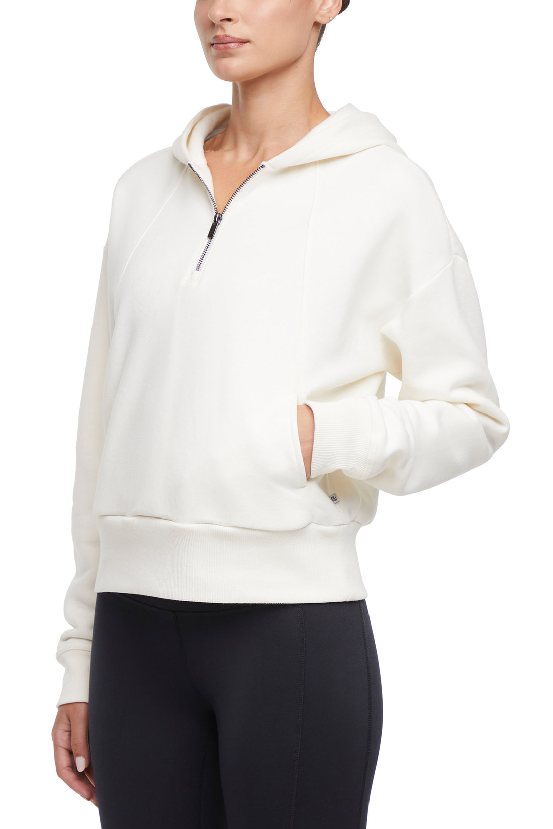Calliope 1/4 Zip Hoodie, front view, showing visible design features and texture of the soft fleece fabric..