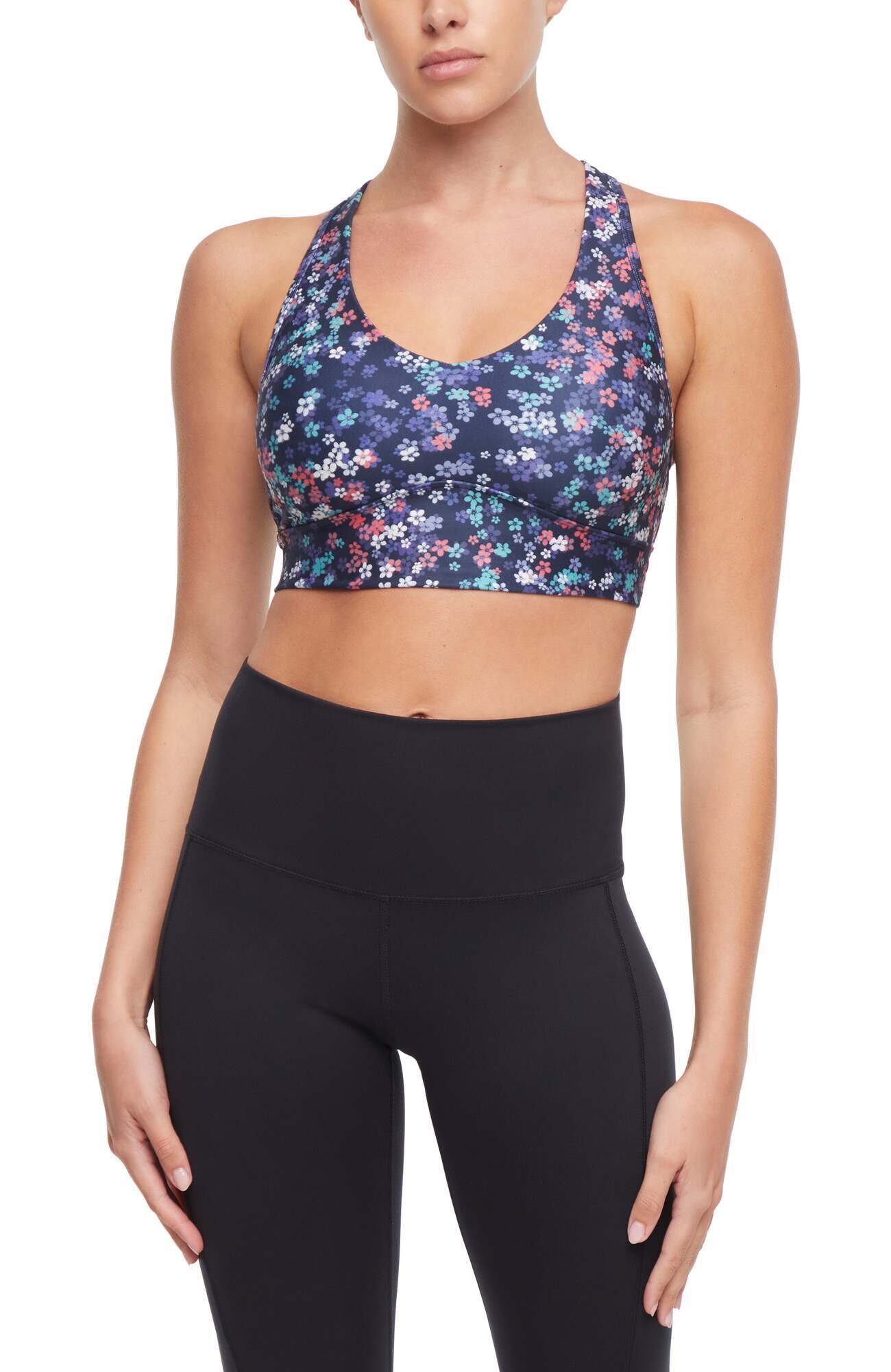 Rubina Sports Bra, alternate angle view, showing visible design features and texture of the soft knit fabric..