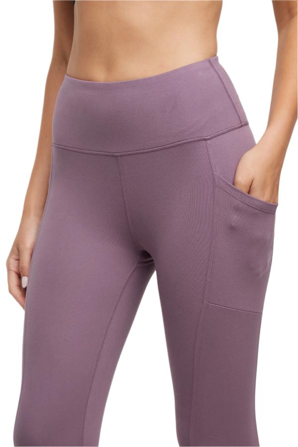 Drew Side Pocket Tummy Control Mid Calf Capri - Black Plum, alternate angle view, showing visible design features and texture of the soft knit fabric..