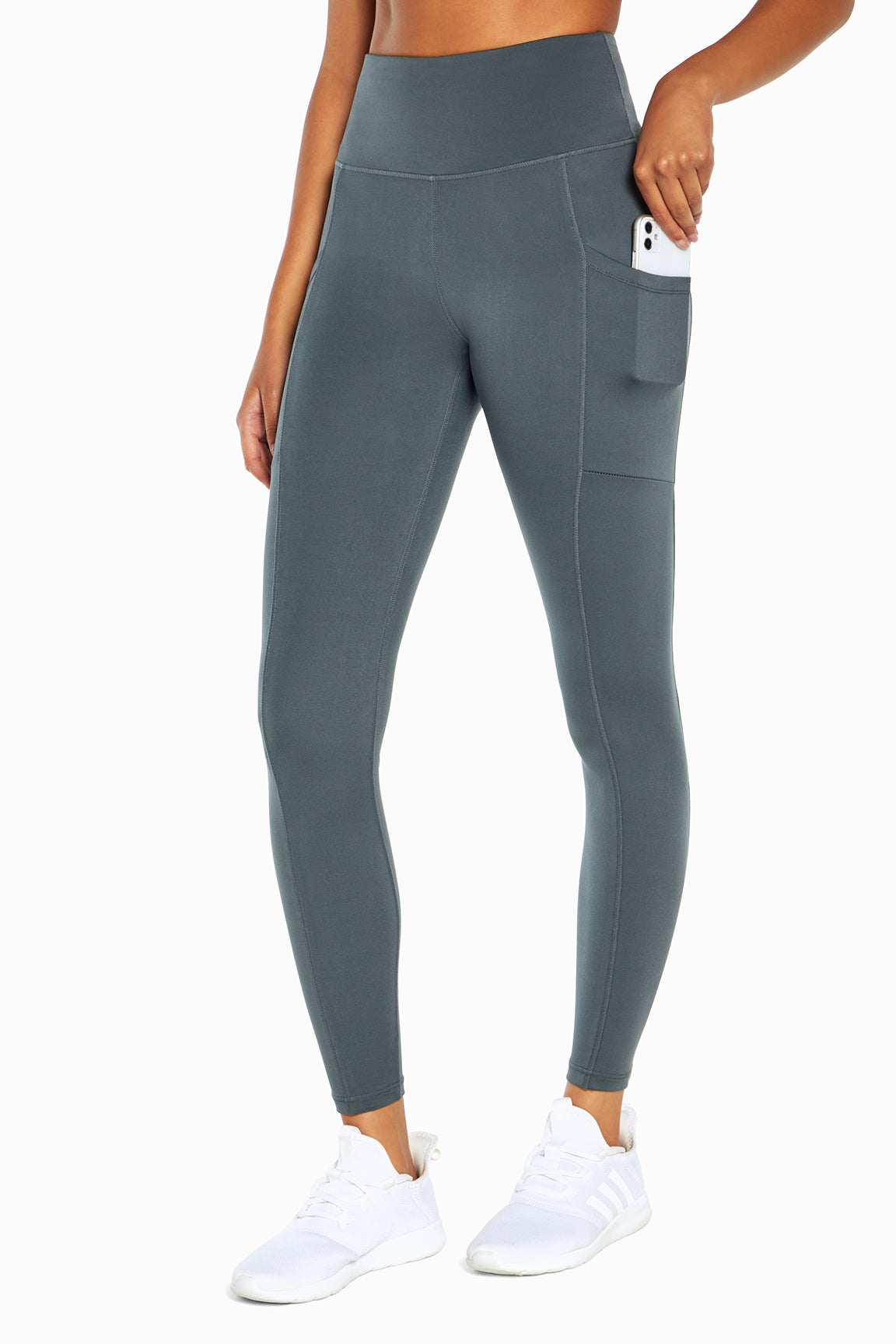 Talia Side Pocket Tummy Control Legging, alternate angle view, showing visible design features and texture of the stretch knit fabric..