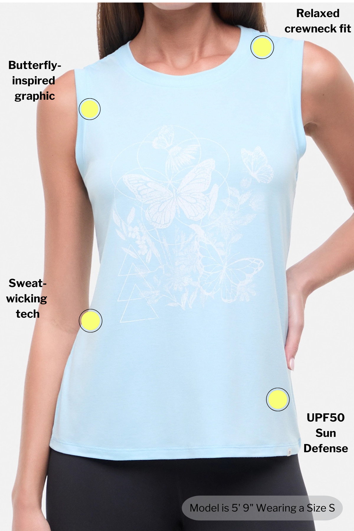 Light blue sleeveless top with butterfly design, labeled features on a white background.
