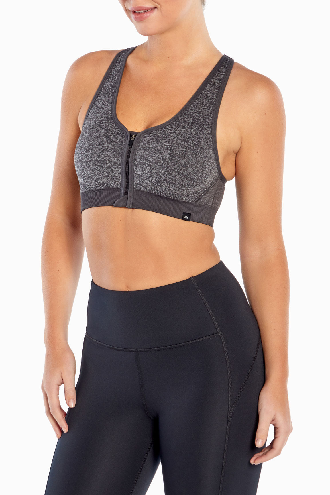 Savannah Seamless Front Zip Sports Bra, alternate angle view, showing visible design features and texture of the soft knit fabric..