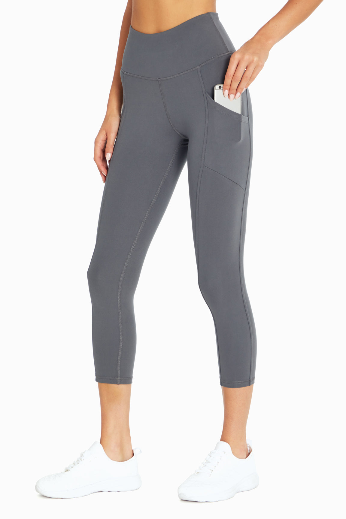 Drew Side Pocket Tummy Control Mid Calf Capri, alternate angle view, showing visible design features and texture of the soft knit fabric..