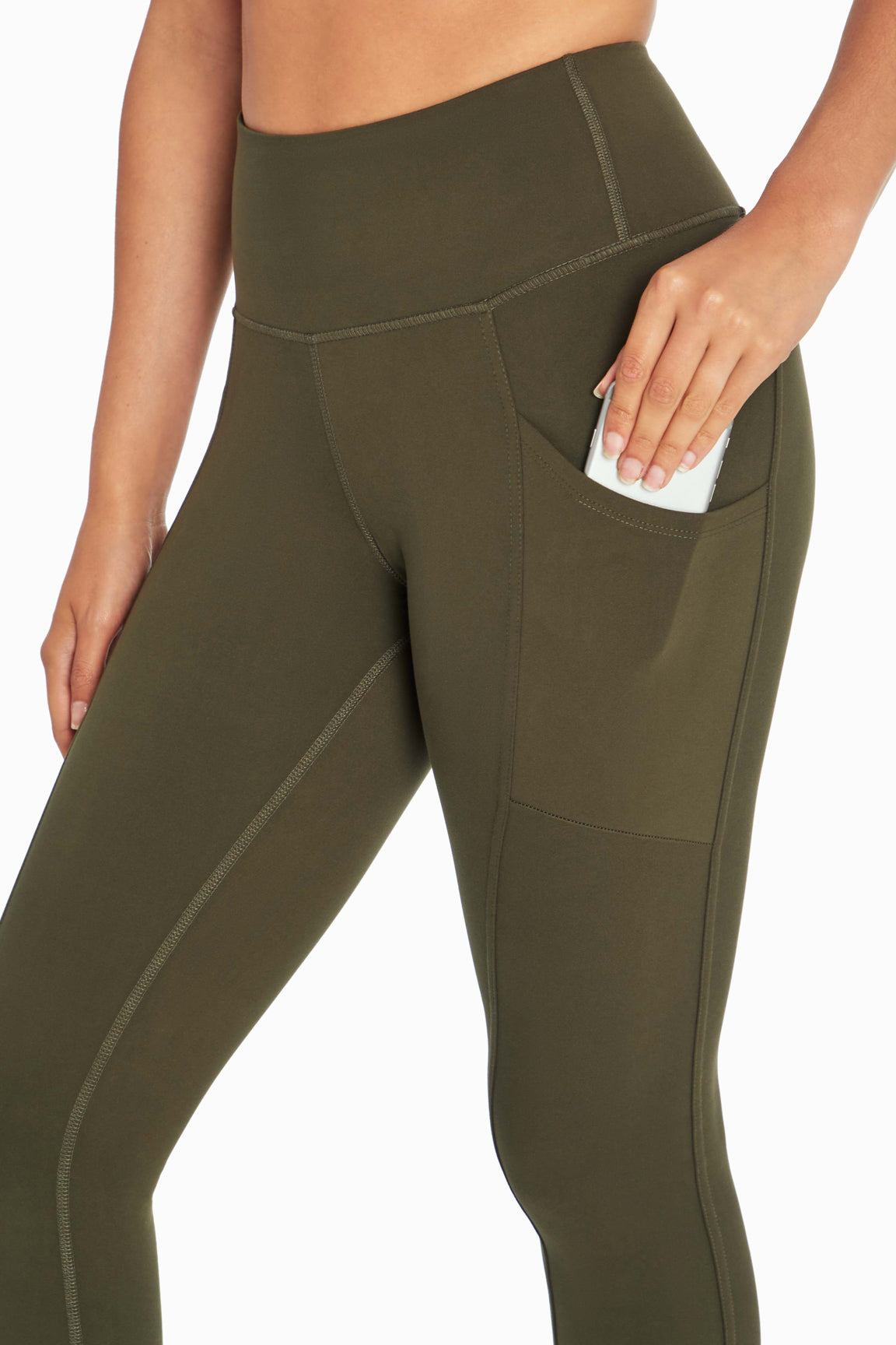 Cameron Side Pocket Tummy Control Legging, alternate angle view, showing visible design features and texture of the stretch knit fabric..