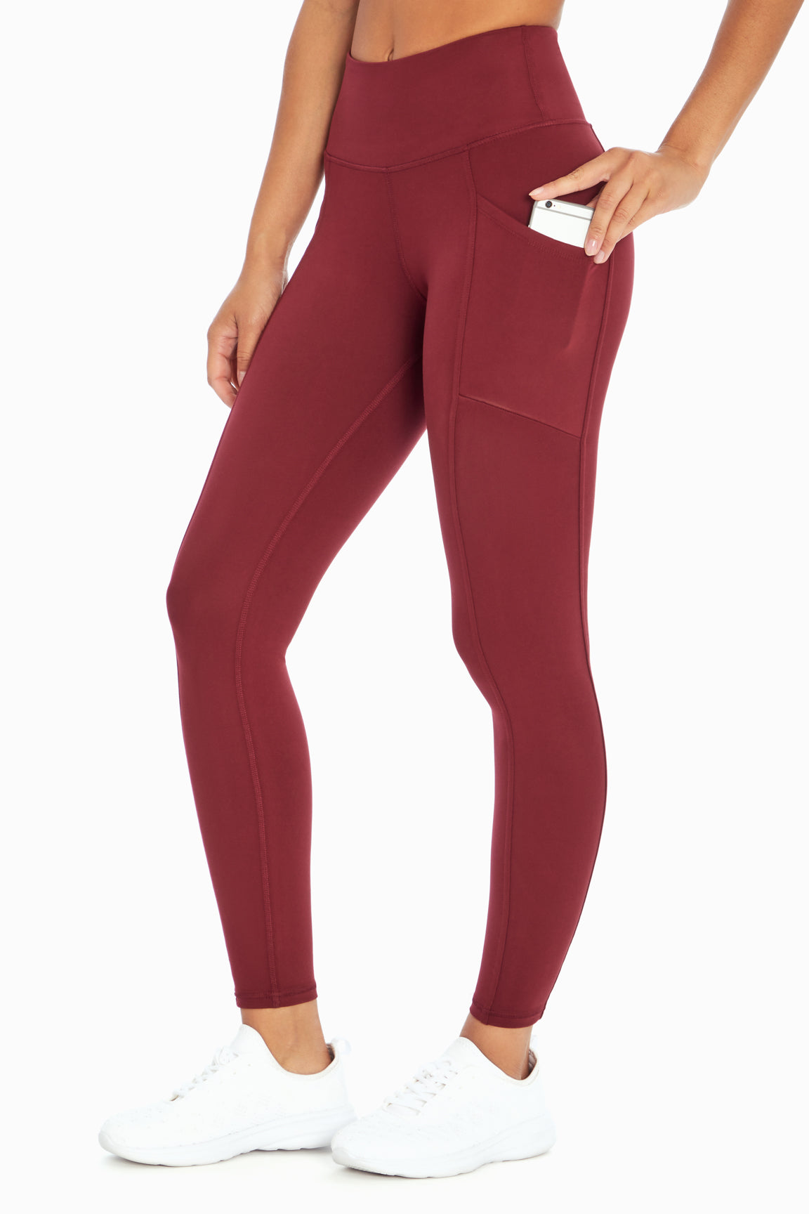 Cameron Side Pocket Tummy Control Legging, alternate angle view, showing visible design features and texture of the stretch knit fabric..