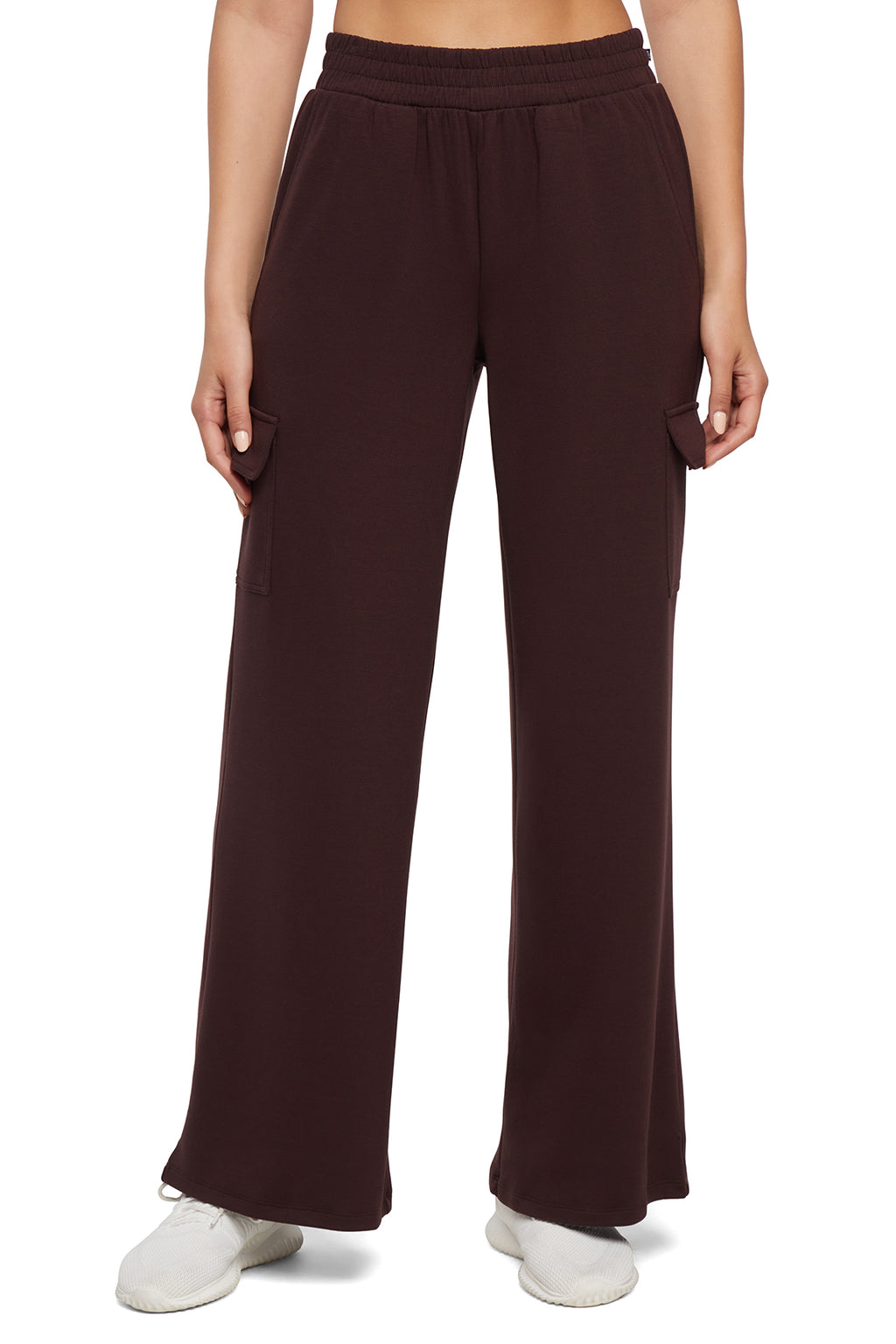 Balance Collection Emory Wide Pant, alternate angle view, showing visible design features and texture of the durable stretch fabric.. #color_chocolate-plum