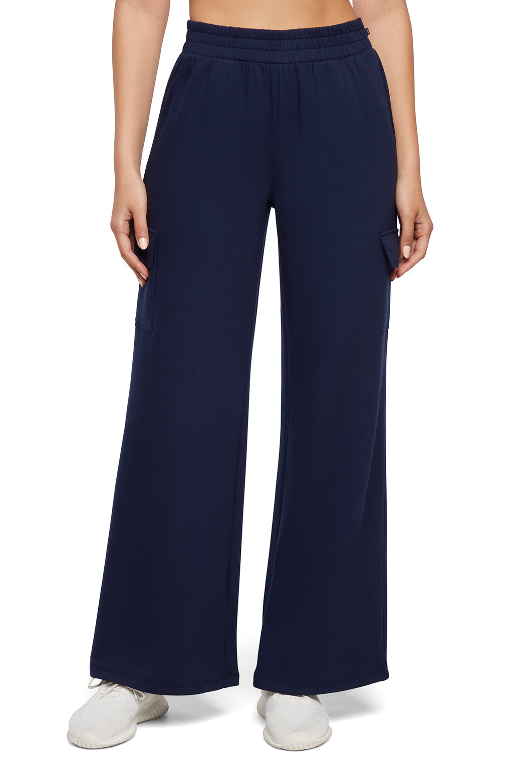 Balance Collection Emory Wide Pant, alternate angle view, showing visible design features and texture of the durable stretch fabric.. #color_peacoat