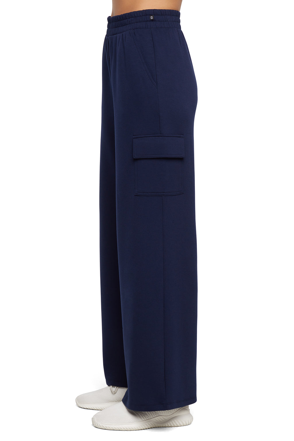 Balance Collection Emory Wide Pant, alternate angle view, showing visible design features and texture of the durable stretch fabric.. #color_peacoat