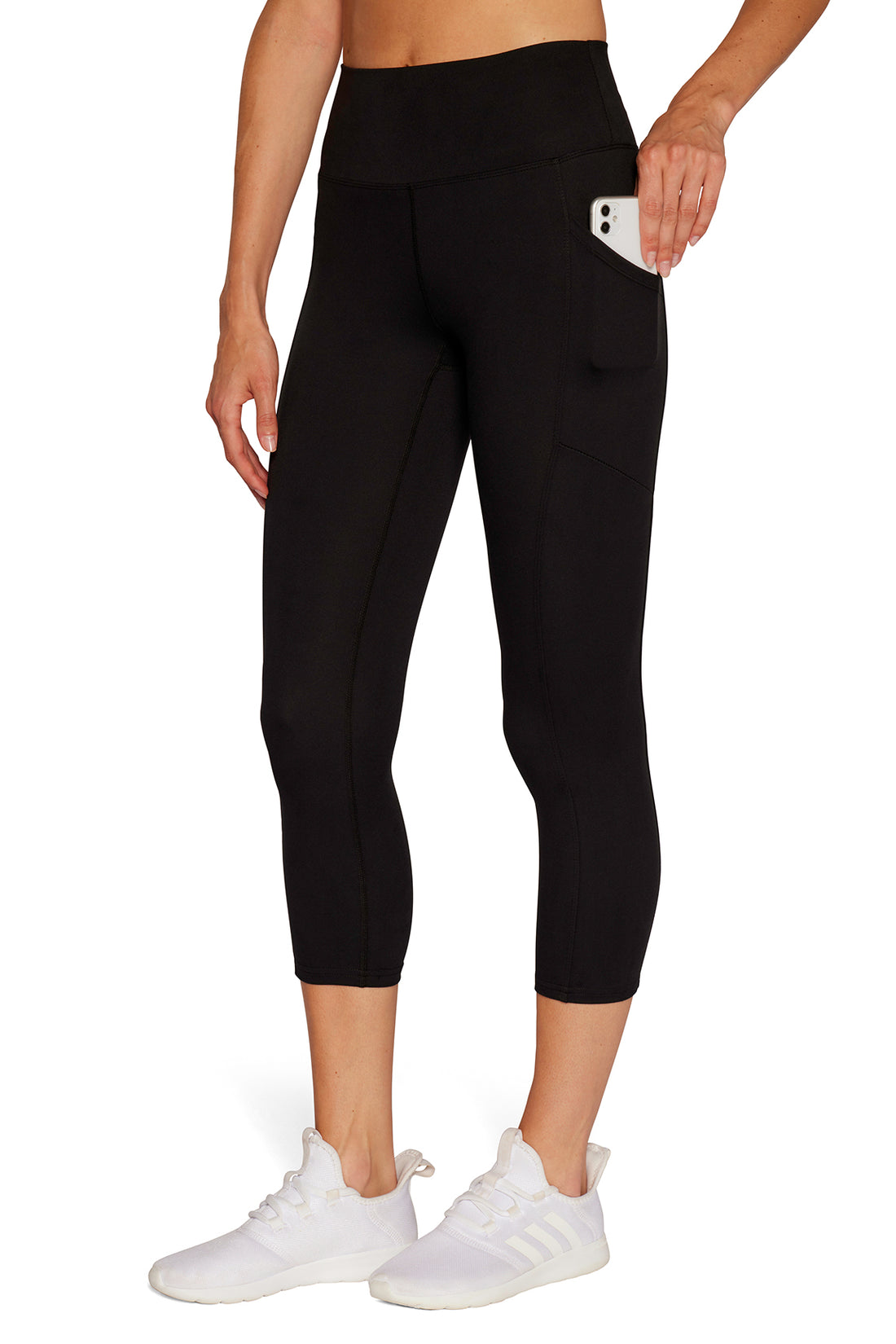 Balance Collection Easy Eclipse Side Pocket Mid Calf Capri, front view, showing visible design features and texture of the soft knit fabric..