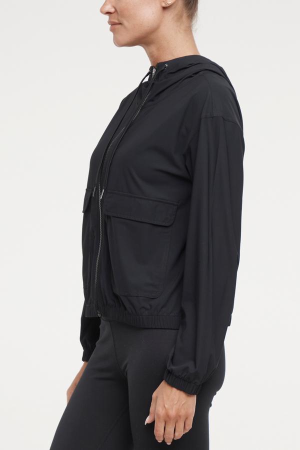 Nori Jacket, alternate angle view, showing visible design features and texture of the smooth woven fabric.. 