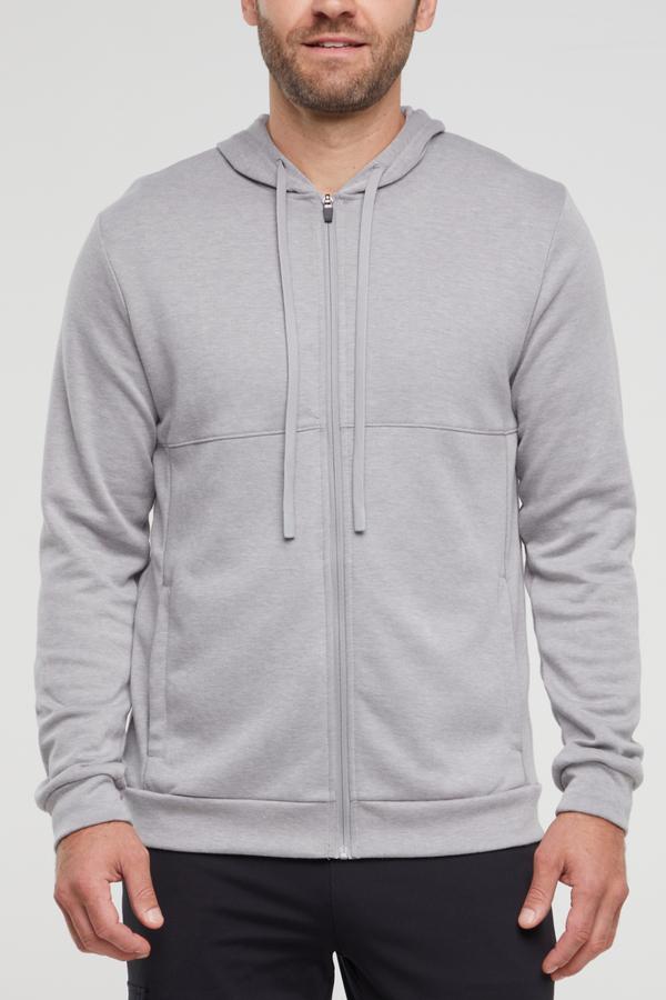 Balance Collection For Men Track Hoodie, alternate angle view, showing visible design features and texture of the soft fleece fabric.. #color_heather-grey