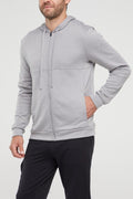 Balance Collection For Men Track Hoodie, alternate angle view, showing visible design features and texture of the soft fleece fabric.. #color_heather-grey